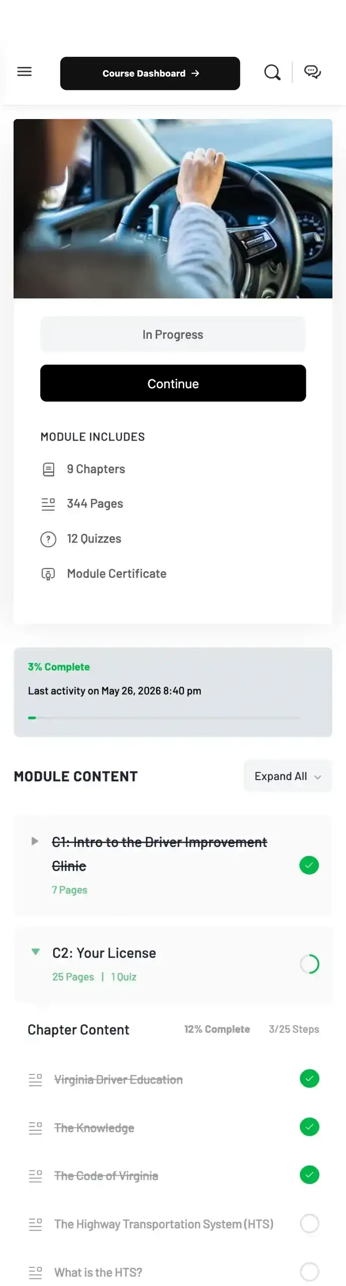 Cruise Control Online course dashboard